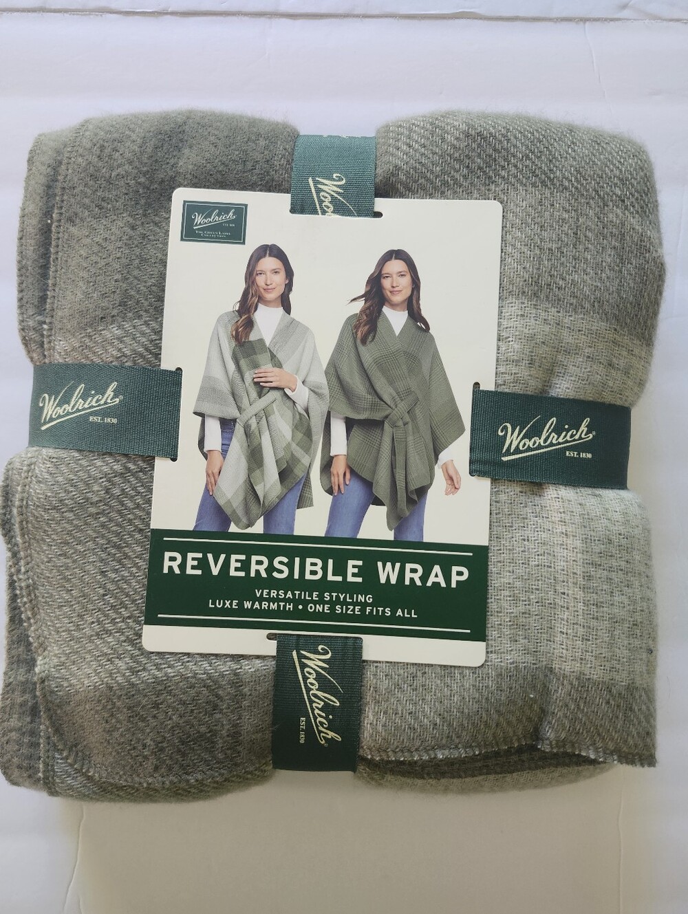 Woolrich Reversible Sage Green Gray Plaid Luxe Shawl Poncho Wrap One Size NWT